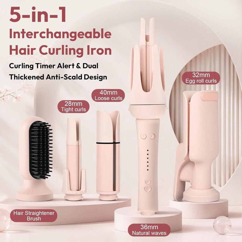 New 5-in-1 Automatic Rotating Curling Iron Set w/ 5 Interchangeable Heads